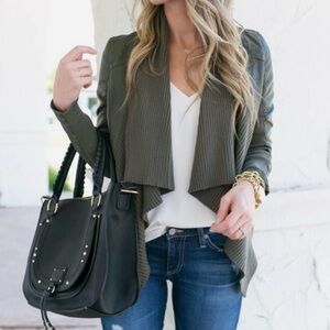 BlankNYC Vegan Leather Moto Jacket Biker Olive Green Knit Drape Front Size Small